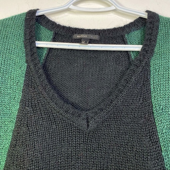 Mango Colorblock V-Neck Wool Blend Sweater High Low Drop Sleeve Gray Green Black - Picture 2 of 15